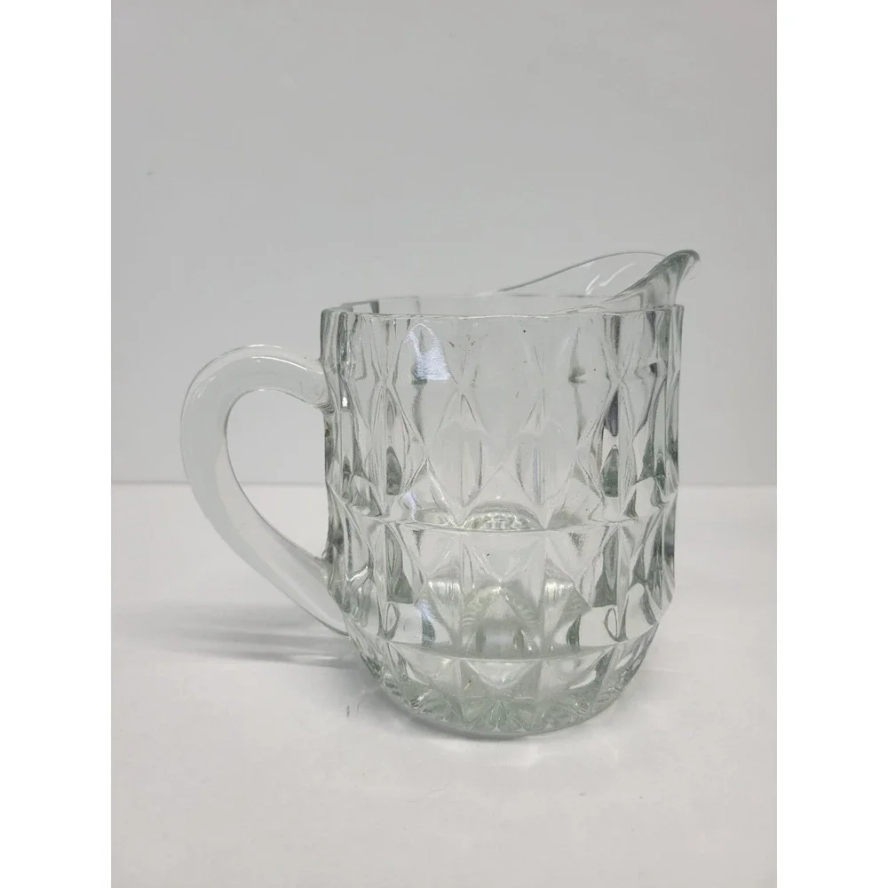 Vtg Clear Pressed Glass juice Pitcher Diamond Point Geometric Pattern 5‎ in